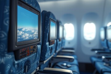 Comfortable rows of blue airplane seats with central TV screen in modern cabin interior