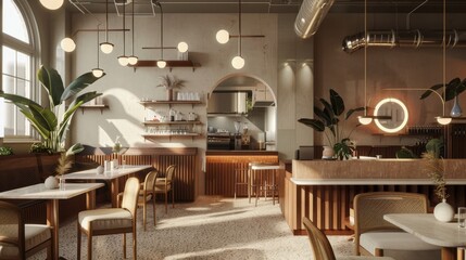 Sunlit modern cafe interior with stylish furniture, hanging lights, and indoor plants offering a chic and contemporary urban dining experience.