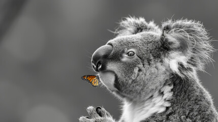 Fototapeta premium a black and white photo of a koala with a butterfly on it's nose and a black and white background.