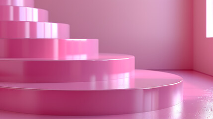 A dreamy pink-colored podium with a flower, 3D product render stand, set against a minimal abstract background, creating a beautiful and serene space, ideal for showcasing products or designs