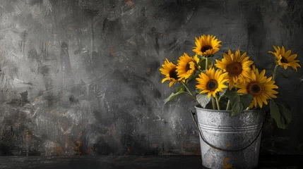 Schilderijen op glas A bucket filled with vibrant sunflowers rests on a wooden table © Muhammad