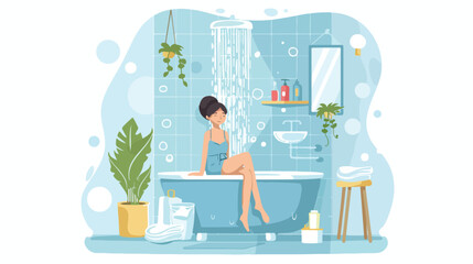 Vector taking a shower in the bathroom  flat vector - obrazy, fototapety, plakaty