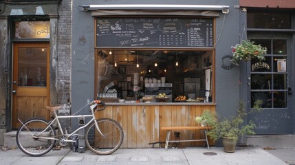 An old-school bicycle stands by a rustic cafe's wooden facade, evoking a sense of community and a slower pace of urban life.
