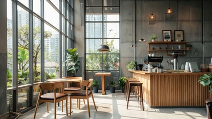 Fototapeta na wymiar Floor-to-ceiling windows in a contemporary cafe interior reveal a bustling cityscape, complemented by lush indoor plants and modern furnishings.