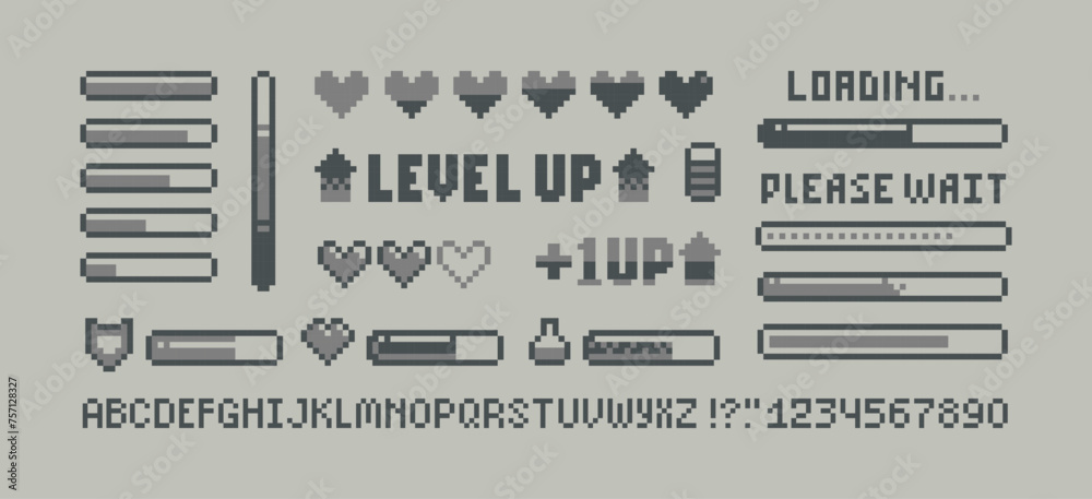 Poster Retro 8-bit game loading progress bar pixel elements set with health scale hearts. Retro video game design. Level Up sign with health loading scale, energy. Arcade video game elements (vector)