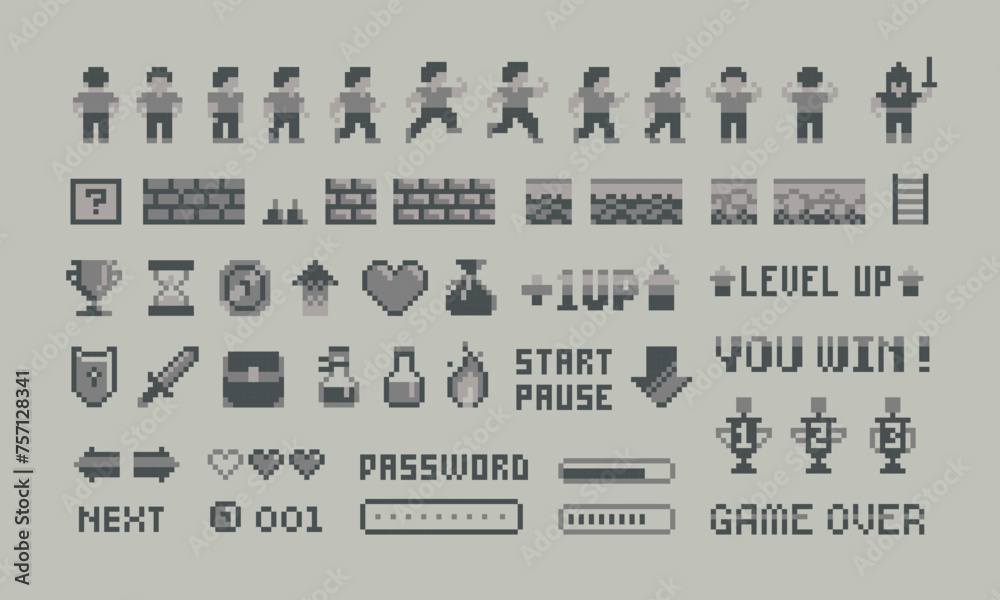Poster retro 8-bit game icons and elements for arcade design. pixel character animation game design. retro 
