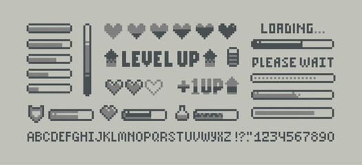Retro 8-bit game loading progress bar pixel elements set with health scale hearts. Retro video game design. Level Up sign with health loading scale, energy. Arcade video game elements (vector)