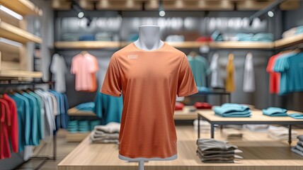 a dummy mannequin wearing a simple colored t-shirt in a clean and premium t-shirt shop setting.