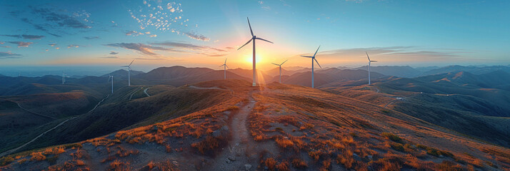 Aerial view of Wind turbines generating green power high in mountains.