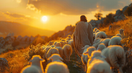Bible jesus shepherd with his flock of sheep.