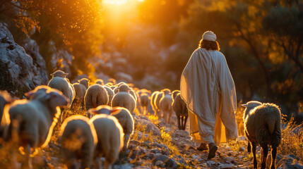 Bible jesus shepherd with his flock of sheep.