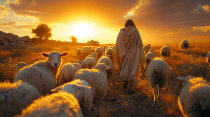 Plakaty  Bible jesus shepherd with his flock of sheep.