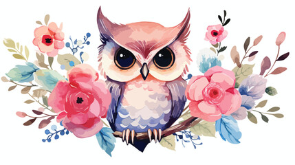 Watercolor owl with flowers flat vector 