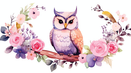 Watercolor owl with flowers flat vector 
