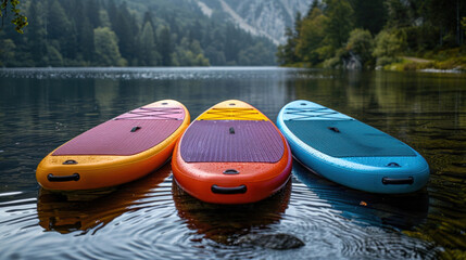 Colorful Paddleboards by the Water's Edge. - obrazy, fototapety, plakaty