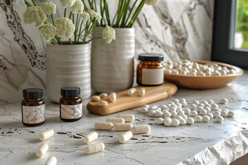 White Pills and Flower Vases on Marble Counter - obrazy, fototapety, plakaty