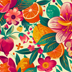 Bold Vintage Spring Floral: Retro Blossoms, Vivid Colors, Seamless Pattern, Crafted with Care, Created using generative AI	