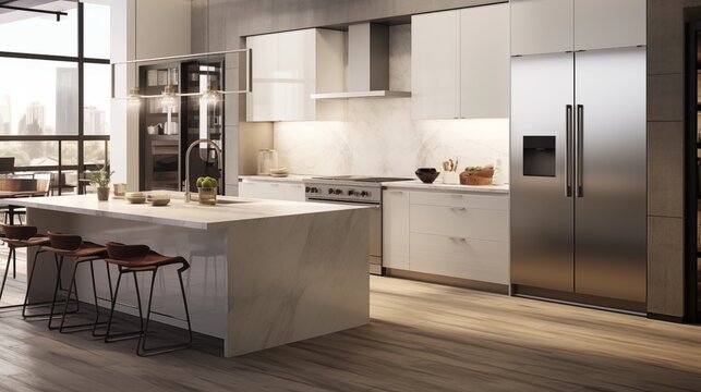 Design a modern kitchen with a waterfall countertop and sleek appliances
