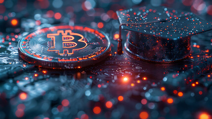 International Graduation cap on Bitcoin Cryptocurrency. Bitcoin is modern of Exchange Digital payment, Education certificate of Abroad program .modern electronic money