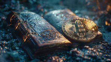 International Graduation cap on Bitcoin Cryptocurrency. Bitcoin is modern of Exchange Digital payment, Education certificate of Abroad program .modern electronic money