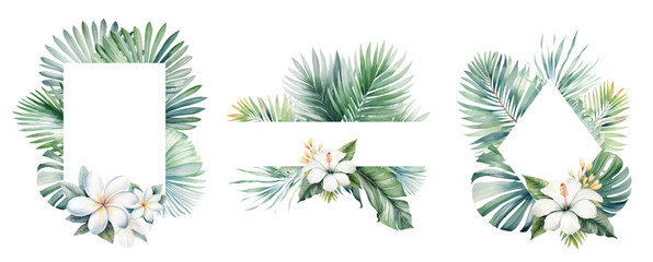 Watercolor tropical wreath with white flowers and green palm leaves isolated illustration - 757129502