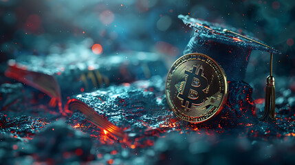 International Graduation cap on Bitcoin Cryptocurrency. Bitcoin is modern of Exchange Digital payment, Education certificate of Abroad program .modern electronic money