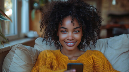 Excited happy young black woman holding smart phone device sitting on sofa in the living room.