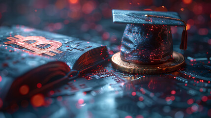 International Graduation cap on Bitcoin Cryptocurrency. Bitcoin is modern of Exchange Digital payment, Education certificate of Abroad program .modern electronic money