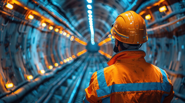 Engineer wearing safety underground construction supervisor checking the transport pipe tunnel boring machine for the subway. Construction teamwork concept.