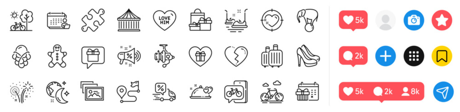 Bumper cars, Bike app and Romantic dinner line icons pack. Social media icons. Romantic gift, Sale megaphone, Fireworks web icon. Journey, Wish list, Ice cream pictogram. Vector