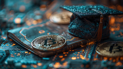 International Graduation cap on Bitcoin Cryptocurrency. Bitcoin is modern of Exchange Digital payment, Education certificate of Abroad program .modern electronic money