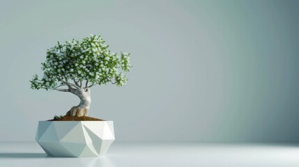 A small bonsai tree thrives in a white pot, exuding tranquility and elegance