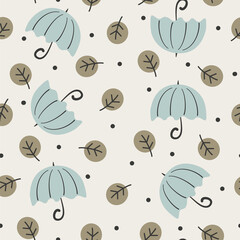 cute hand drawn seamless vector pattern background illustration with pastel blue umbrellas and green leaves