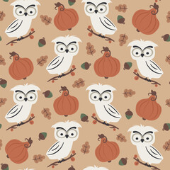 cute hand drawn cartoon character owl seamless vector pattern background illustration with pumpkins and leaves - 757129901