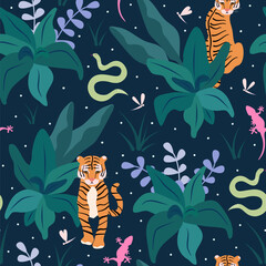 cute hand drawn seamless vector pattern illustration with tigers, colorful plants and leaves, green snake on blue background	
