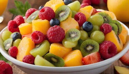 Colorful Assortment of Fresh Fruit salad in a White Bowl on a Clean Surface