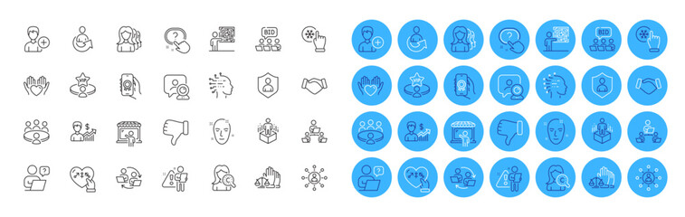 Augmented reality, Networking and Business skill line icons pack. Security, Health skin, Court jury web icon. Teamwork, Video conference, Hold heart pictogram. Share, Search employee. Vector