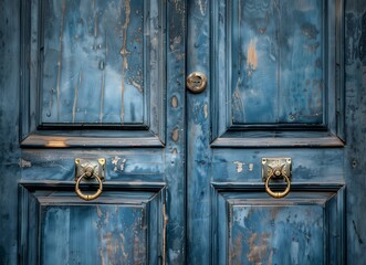 antique ornate gold door on a blue wall - obrazy, fototapety, plakaty