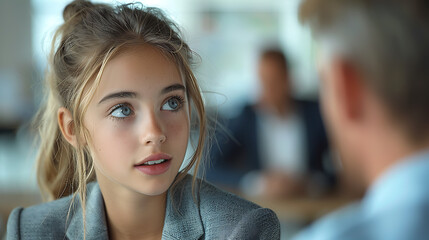 Fototapeta premium job interview by a young girls in a suit with an IT company manager