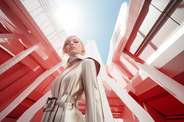 High fashion woman wearing white suit in futuristic metropolis. Generative AI