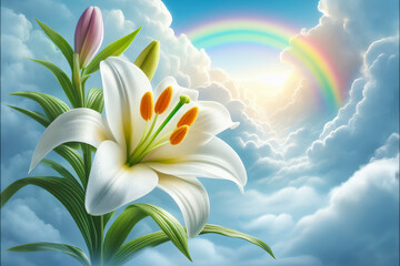 Lily flower on a background of blue sky and rainbow. Symbolizes the bright holiday of Easter
