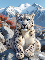Fototapeta premium King of the Mountains: Snow Leopard Surveys His Snowy Realm. generative AI