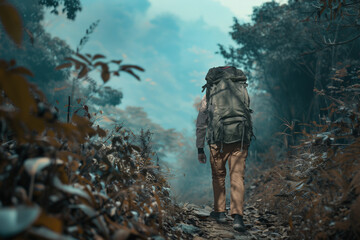 A lone traveler with a backpack trekking through a misty forest path during autumn. The hiker,...