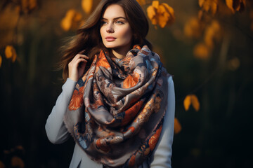 Fototapeta premium Portrait of beautiful woman over autumn background. Generative AI