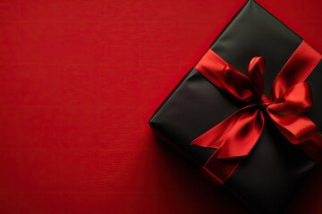 A luxurious black gift box adorned with a vibrant red satin ribbon - Powered by Adobe