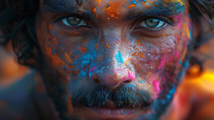 close-up of a Holi celebrating man's face covered in bright colorful Holi colors, symbolizing the spirit of unity and joy.
