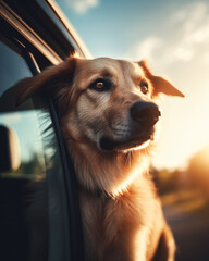 dog peeks out of car window on the way, peach tones сreated with Generative Ai