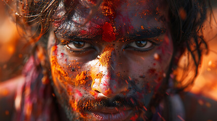 close-up of a Holi celebrating man's face covered in bright colorful Holi colors, symbolizing the spirit of unity and joy.


               