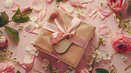 A tastefully wrapped Mother's Day present adorned with a satin ribbon and a tag for mom