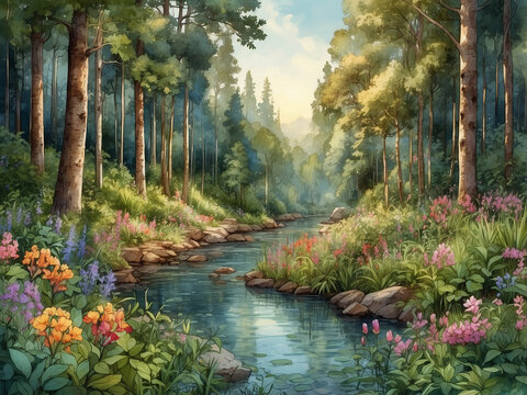 Imagine a forest, filled with bright flowers and lush greenery by a river, all illuminated by the soft light of the morning sun. with intricate details and stunning colors in a watercolor style